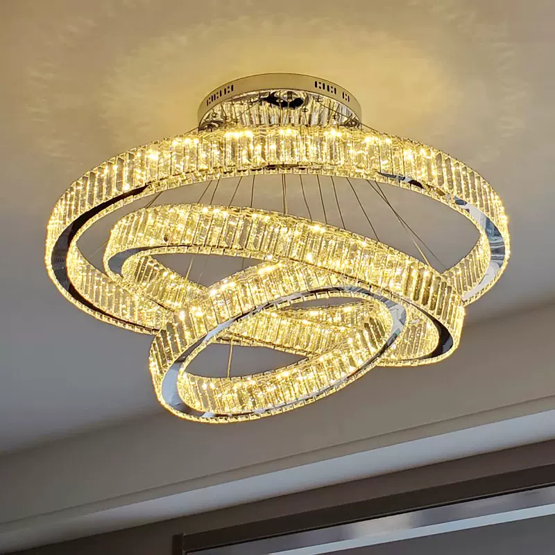 客厅灯餐厅吊灯现代简约三头圆环创意个性led水晶灯复式楼大吊灯-Taobao