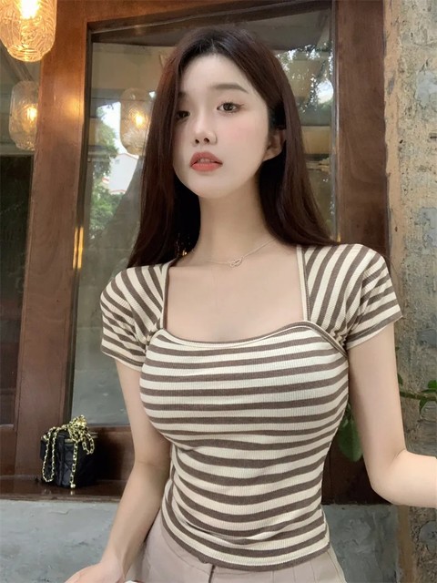 Summer small striped pure lust style short shoulder T-shirt women's ...