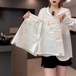 American-Style High-Waisted Wide-Leg Denim Shorts for Women, Summer Plus-Size Design, Loose Fit, Slimming, Slit A-Line Hot Pants