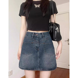 Retro High-Waisted Denim Skirt for Women in Summer, Plus Size, Pear-Shaped Body, Belly-Covering, Slimming, A-Line Sexy Short Skirt