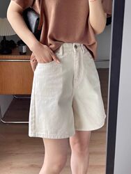 Summer Thin High-Waisted Loose Denim Shorts for Women, Plus Size, Hip-Covering, Slimming, Apricot-Colored Mid-Length Wide-Leg Shorts