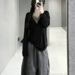 Korean Style Lazy Long-Sleeved T-Shirt for Women, New Spring and Autumn Design, Niche Design, Loose Fit, Fake Two-Piece Black Outerwear Top