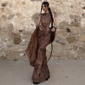 Willdgir autumn new hot girl waste soil wind round necklasses, sleeveless printed hollow high -waisted women's dress
