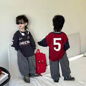 
Boys' printed T-shirt fake two-piece trendy cool children's spring and autumn long-sleeved 2025 new tops street-style American t-shirt