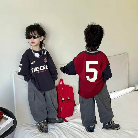 
Boys' printed T-shirt fake two-piece trendy cool children's spring and autumn long-sleeved 2025 new tops street-style American t-shirt