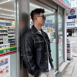 
High street VIBE retro old washed worn trendy brand men's patch thickened jacket casual denim jacket denim jacket