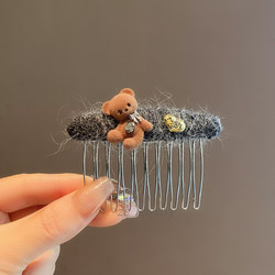 Korean Style Dongdaemun Woolen Plush Cartoon Bear Hair Comb for Women, Mori Style Hair Clip for Tidying Bangs and Stray Hair, Elegant Hair Accessory