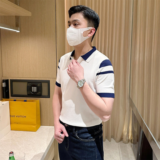 Summer new fashion business handsome men's short-sleeved T-shirt casual color matching polo shirt men's handsome and high-end sense