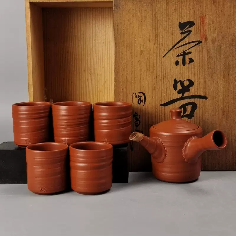 販売 常滑焼 名工 吉川雪堂作 輪線模様 宝瓶１個【煎茶器、朱泥】 - 美術品