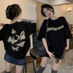 Popular American Style ins Niche Butterfly Pure Cotton Short-Sleeve T-Shirt for Women, Summer High-End Loose Versatile Top for Men and Couples