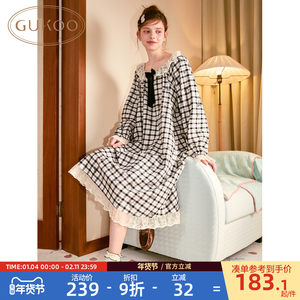 
Gukoo/Fruit Shell Night Dress Women's Spring and Autumn Style Pure Cotton Plaid New Style Meshed Ladies Home Clothing Night Dress C