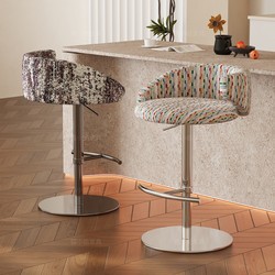 Italian-Style Bar Stool with Adjustable Height, Fabric High Stool, Front Desk Chair, Home-Use Stainless Steel Backrest Chair, High-End Bar Chair