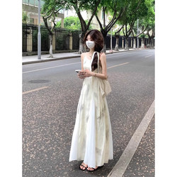 New Chinese-Style Girl's Outfit, Retro Ink Print Spaghetti Strap Dress, 2026 Summer Hot Item, Waist-Cinching, Slimming, Large Hem Dress