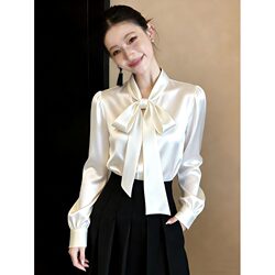 Chanel-Inspired Style, Super Stylish and Unique Acetate Shirt for Women, New Spring/Summer White Loose-Fitting Slimming Bow Shirt