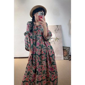 
YIMIAN Pastoral French Ramier Romantic and gentle lace high waist lantern sleeve age reduction dress 20072