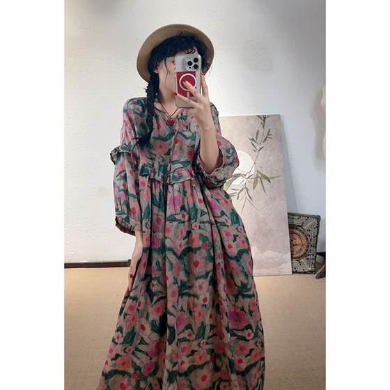 
YIMIAN Pastoral French Ramier Romantic and gentle lace high waist lantern sleeve age reduction dress 20072