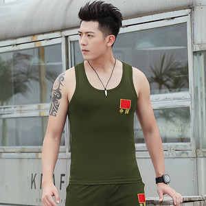 
Chinese vest summer men's tight stretch 95% cotton army green fitness vest vest embroidered flag bottoming shirt