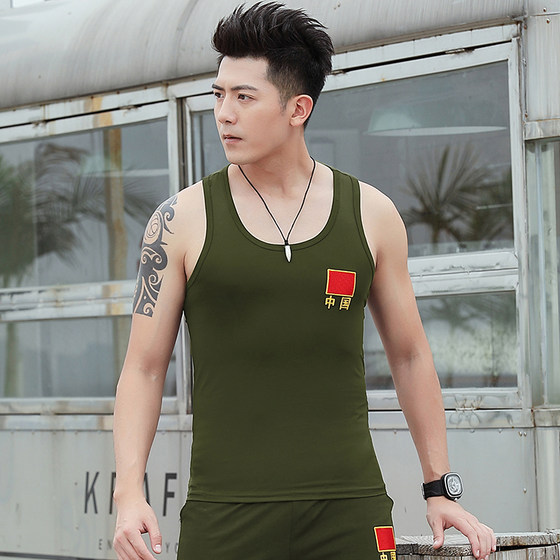 
Chinese vest summer men's tight stretch 95% cotton army green fitness vest vest embroidered flag bottoming shirt