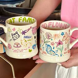 Coffee Cup with High Aesthetic Value, Childlike Graffiti, Butterfly Cream-Colored Mug, Ceramic Cup, Coffee Cup, Creative Gift Idea