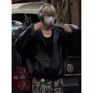 
Jieke black short pu leather jacket men's spring and autumn American retro hooded jacket trendy brand handsome baseball suit