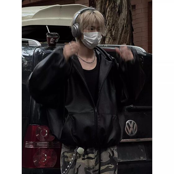 
Jieke black short pu leather jacket men's spring and autumn American retro hooded jacket trendy brand handsome baseball suit