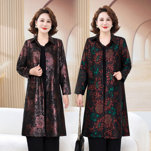 
Spring mother's wear mid-length windbreaker women's large size printed retro middle-aged and elderly lapel shirt casual jacket coat