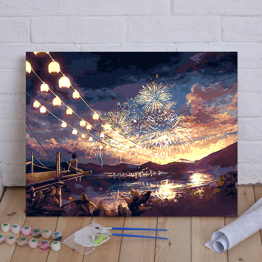 风景油画DIY古风夜景孔明灯手绘涂色油彩画华灯初上