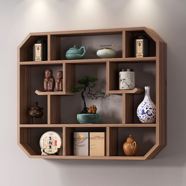 Wall-mounted Bogu rack solid wood Chinese tea room teapot tea set ...