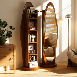 Second-Hand Solid Wood Dressing Mirror with Integrated Storage Cabinet for Home Use, Bedroom Full-Length Mirror, Movable Rotating Bookshelf Fitting Mirror
