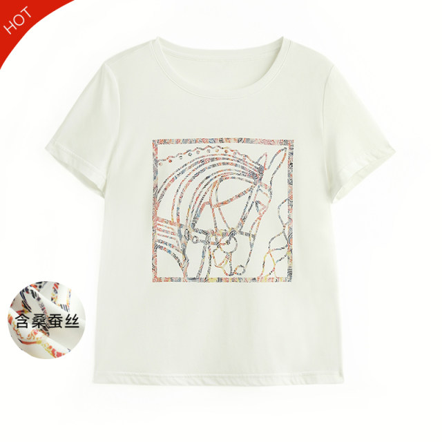 Paro mulberry silk simple commuting tinel round neck straight shoulder white cartoon Japanese version printed short-sleeved women's T-shirt
