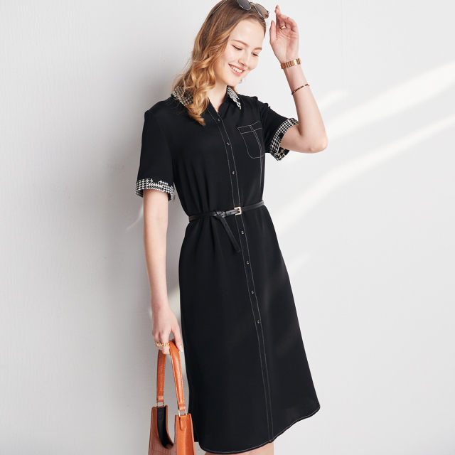 Palo Sang Silk Women's Skirt 24 Spring and Summer New Polo Collar Houndstooth vintage Print Short Sleeve Mulberry Silk Dress
