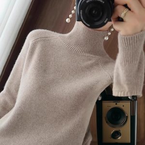 Cashmere high -necked thick girl pullover sweater 24 autumn and winter new foreign style loose knit sweater solid color inner shirt
