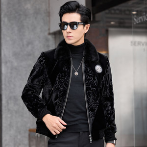 
Haining whole mink mink fur lapel fur all-in-one men's genuine leather short leather jacket trendy gold mink velvet jacket
