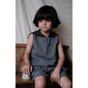 
the tree Japanese niche suit for boys and girls summer retro cotton linen navy collar plaid vest + shorts