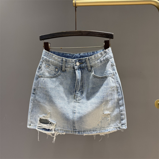 New summer 2025 new old denim skirt for women with high waist ripped wool edges to make them look slim and hip-covered skirt
