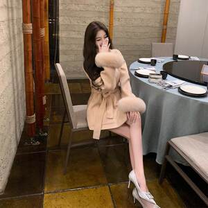 Spot Han Yujia double-sided woolen coat for women winter fox fur cuffs slimming mid-length coat