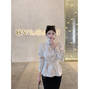 Han Yujia [Songyan Khaki] British style lapel lace-up windbreaker coat for women in autumn loose old Qian style top