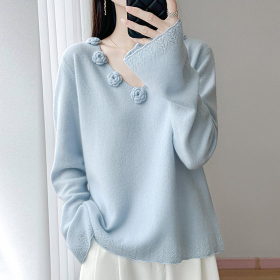
Zhenman velvet [Blossom on the neck] 100% mercerated pure wool sweater for women's flowers hook flower V-neck