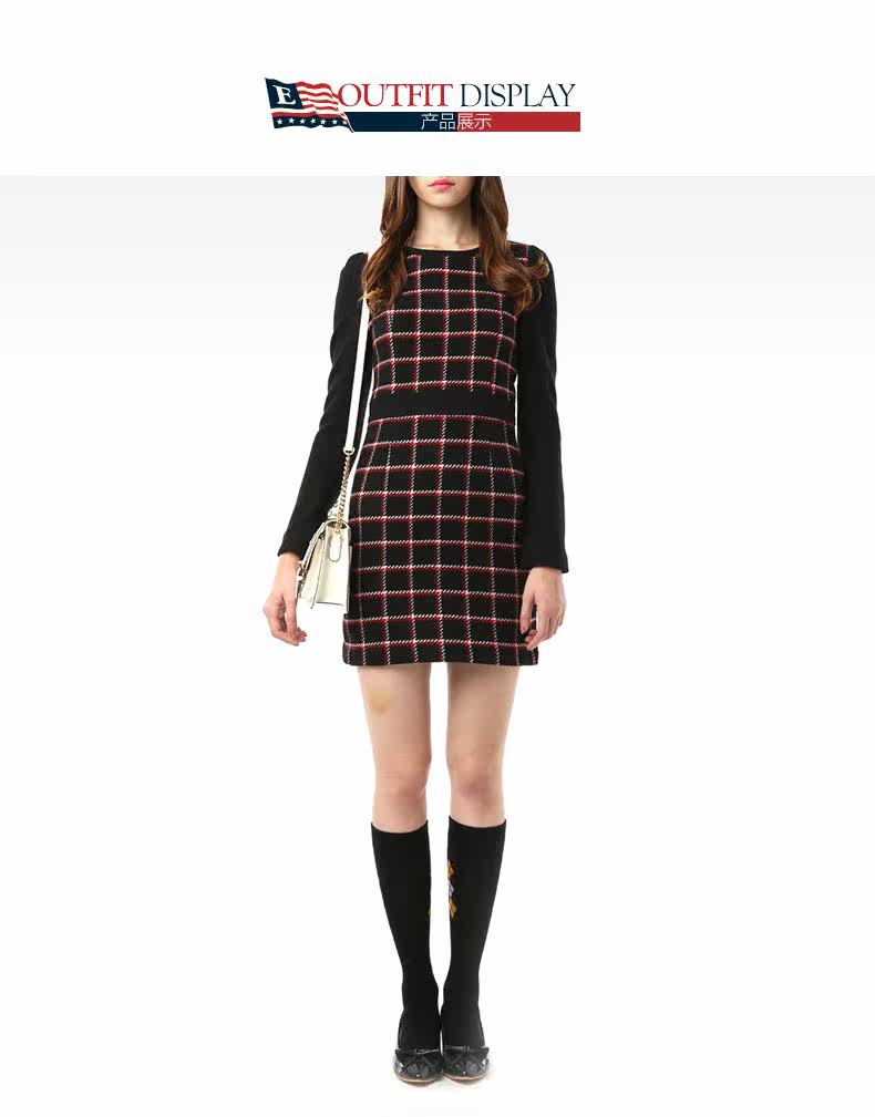 eland韩国衣恋秋冬新品女格子修身毛呢连衣裙eeow34t01r专柜正品_ 飞