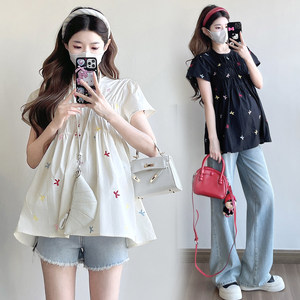 
Maternity suit summer clothing colorful embroidered bow short-sleeved top loose large size casual doll shirt summer clothes summer clothes