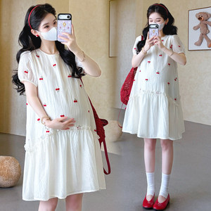 
Maternity wear summer dress heavy industry cherry embroidery short-sleeved dress loose large size casual skirt summer maternity dress summer