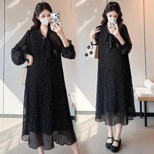
Maternity wear spring long-sleeved polka-dot pleated dress loose large size casual slim skirt spring maternity skirt spring