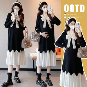 
Maternity wear spring lace bow long-sleeved dress fashionable design contrasting skirt spring maternity dress spring