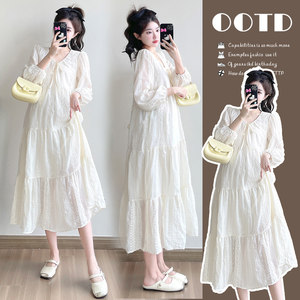 
Maternity wear spring dress small fresh embroidered long-sleeved dress loose large size simple casual skirt spring maternity dress