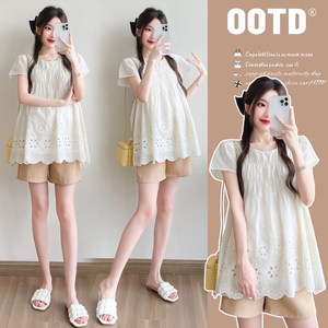 Pregnant women's summer fashion hollow embroidered short sleeve top jacket loose casual pregnant baby shirt summer Korean clothing
