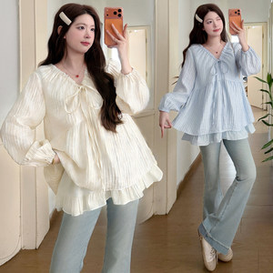 
Maternity wear spring V-neck pleated drawstring long-sleeved top loose large size casual versatile babydoll spring shirt