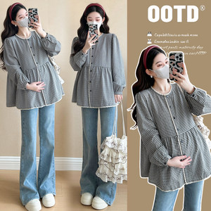 Maternity wear spring fashion long-sleeved plaid shirt loose large size casual slim babydoll spring top shirt