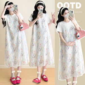 
Maternity summer dress fake two-piece floral short-sleeved dress fashionable little fragrant temperament skirt summer maternity dress summer