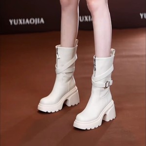 
Small high school boots British style thick-soled Martin boots for women 2025 autumn and winter front zipper high heel fashion boots