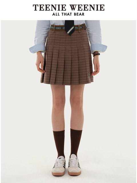 TeenieWeenie Bear Women's Casual Plaid Pleated Short Skirt A-line High Waist Fashion College Commuter Skirt